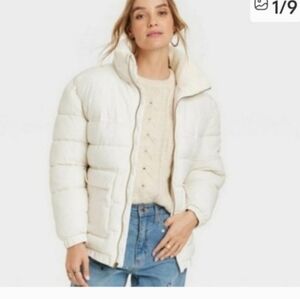 Women's Cream Puffer Jacket - Lightweight Quilted Coat Sz XL